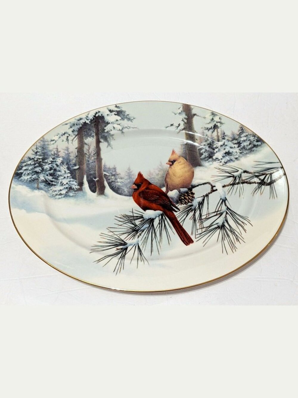 Lenox Winter Greetings Scenic Cardinals China Oval Serving Plate 16"